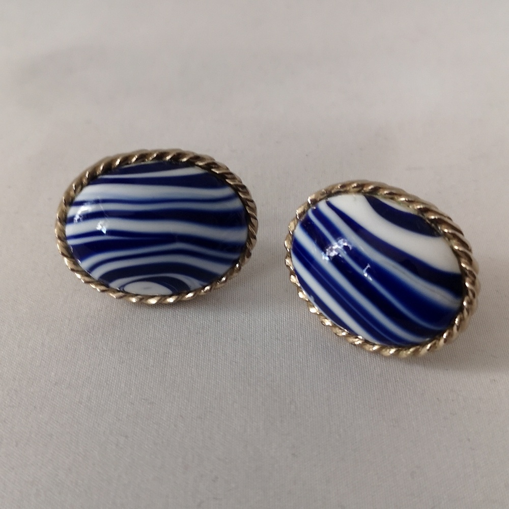 Blue and White Striped Oval Cuff Links - Classic Men's Accessory